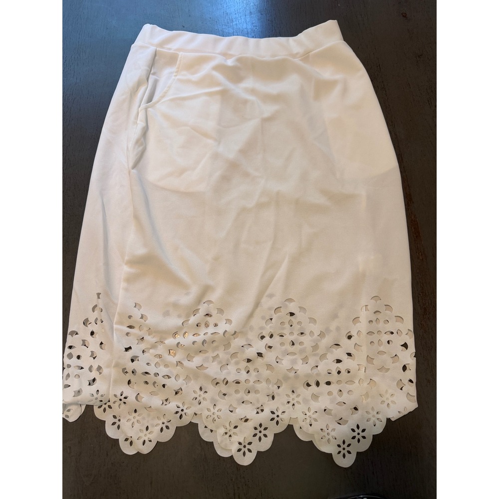 Ana & Rose White Laser Cut Eyelet Scalloped Hem Midi Skirt Pockets M